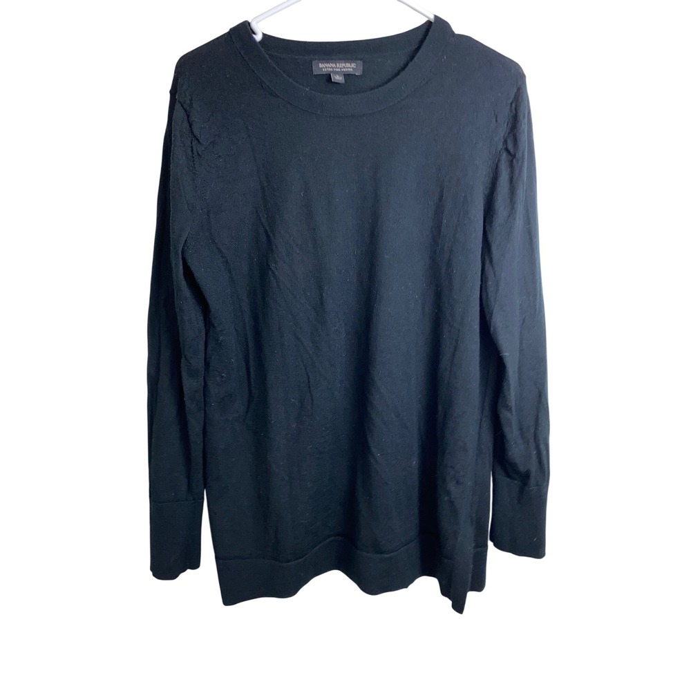 Banana Republic Sweater Womens L Black Extra Fine Merino Wool Crewneck Pullover